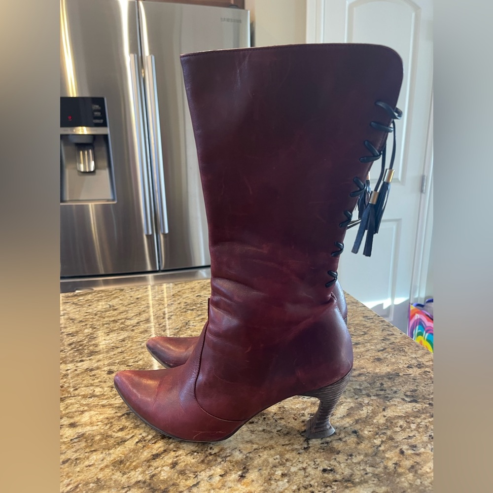 John Fluevog Burgundy Leather Mid-Calf Boots with Lace-Up Back